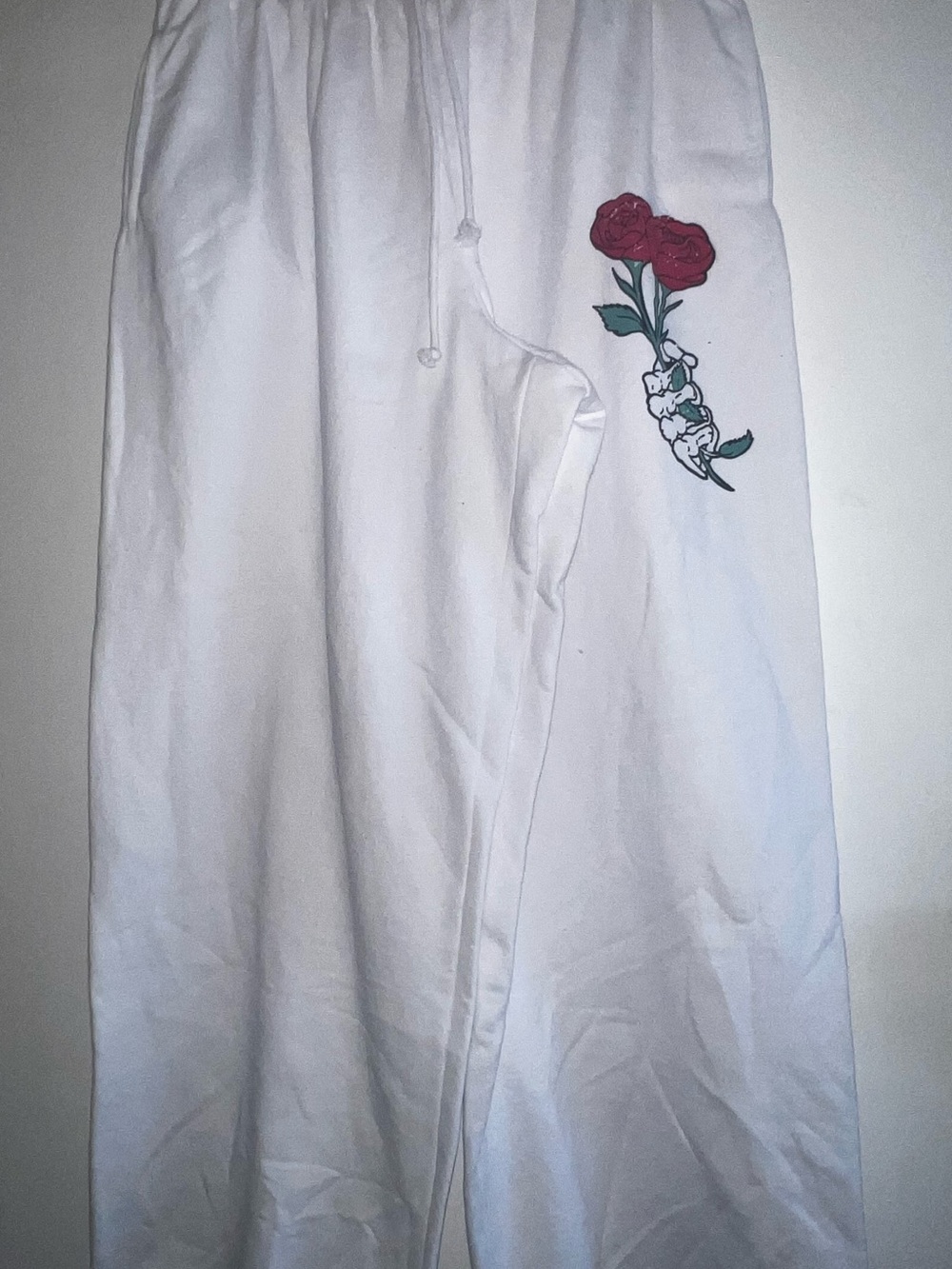 Women’s White Drawstring Sweatpants with Red Rose Graphic